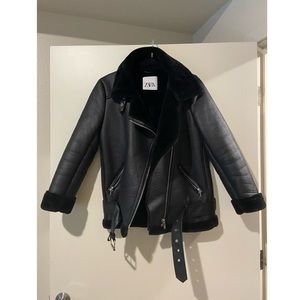Zara Faux Shearling Black Biker Aviator Jacket